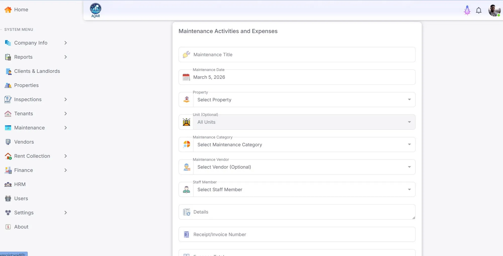 Add Maintenance Record Screenshot