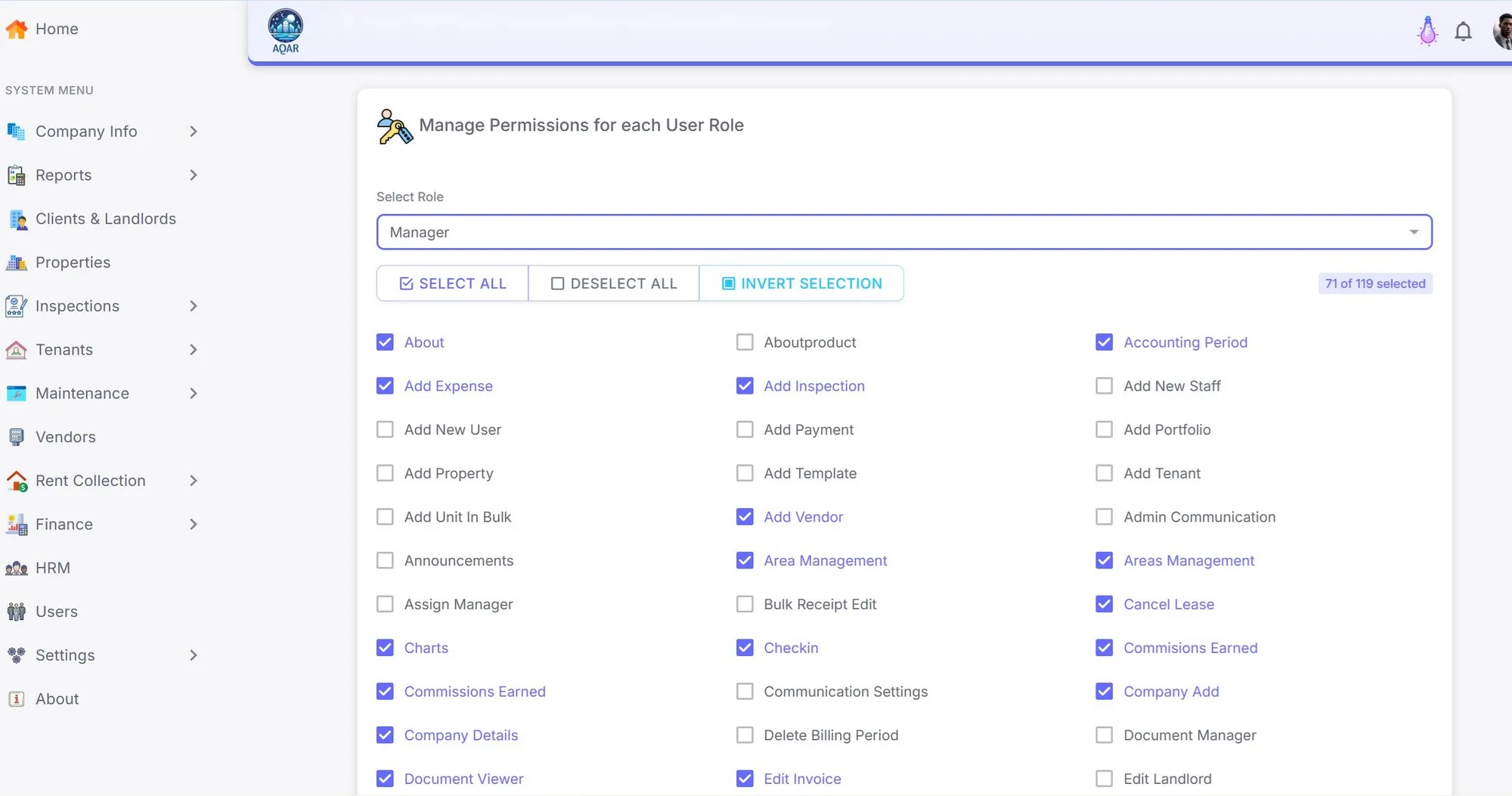 AQAR role-based access management screen